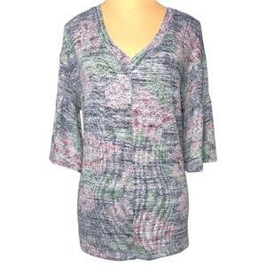 Cupio Blush Floral V-Neck Lightweight Knit Top Bell Sleeves Size M